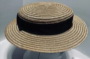 Fleur de Paris Straw Boater Fedora Hat Black Ribbon Band French Gatsby Madeline